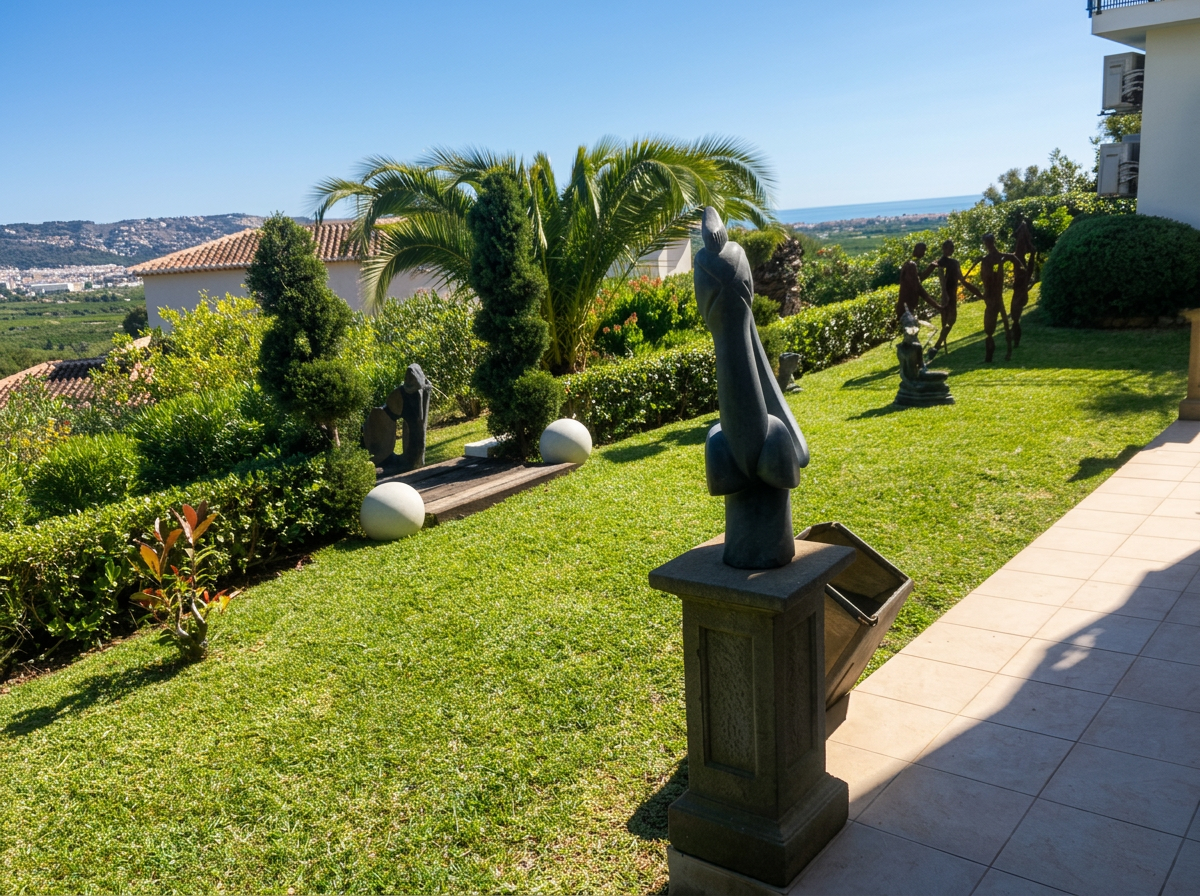 Mediterranean hillside villa garden with sculpted shrubs, palms and sea view