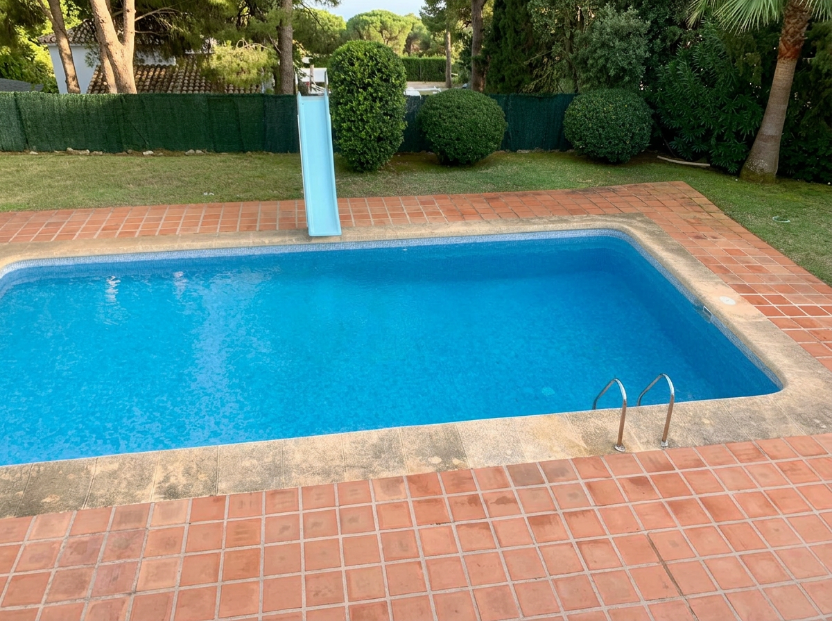 Villa pool with clean terrace and surrounding garden