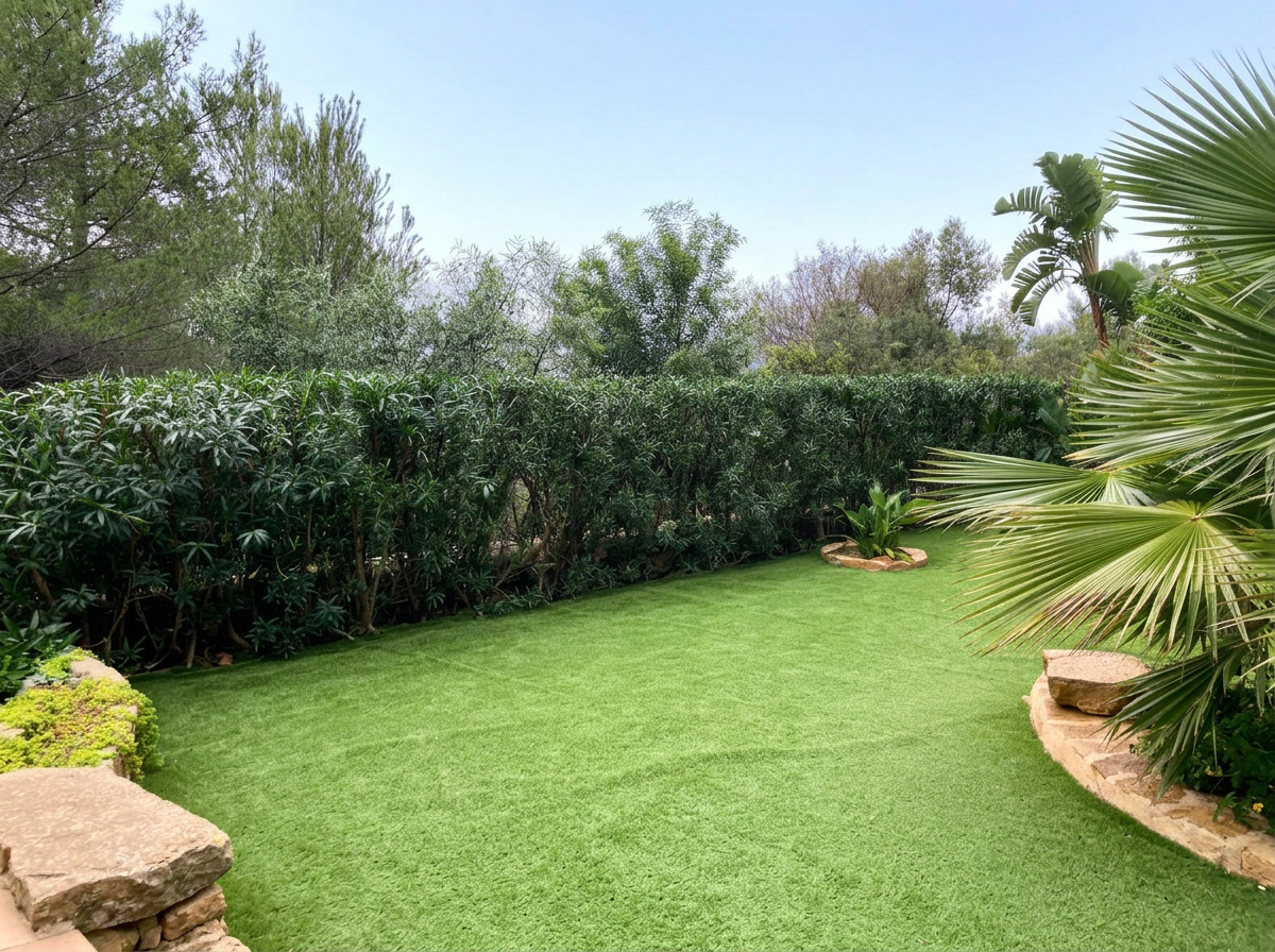 Freshly maintained lawn and hedge garden with palm planting