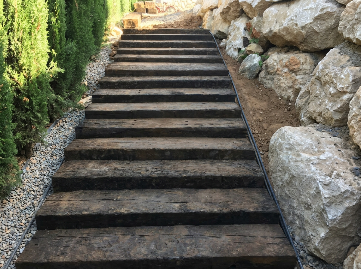 Landscape construction staircase with timber steps and natural stone