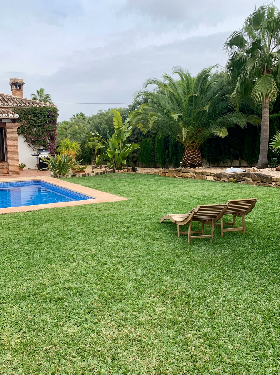 Mediterranean pool garden with lawn, palms and loungers
